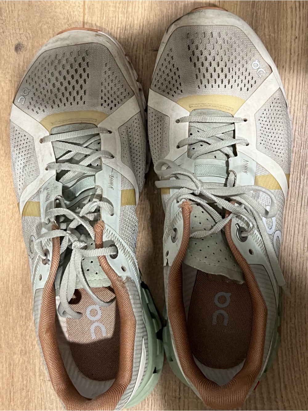 On Running Women's Athletic Shoes in Sage, Tan and Yellow Accent
